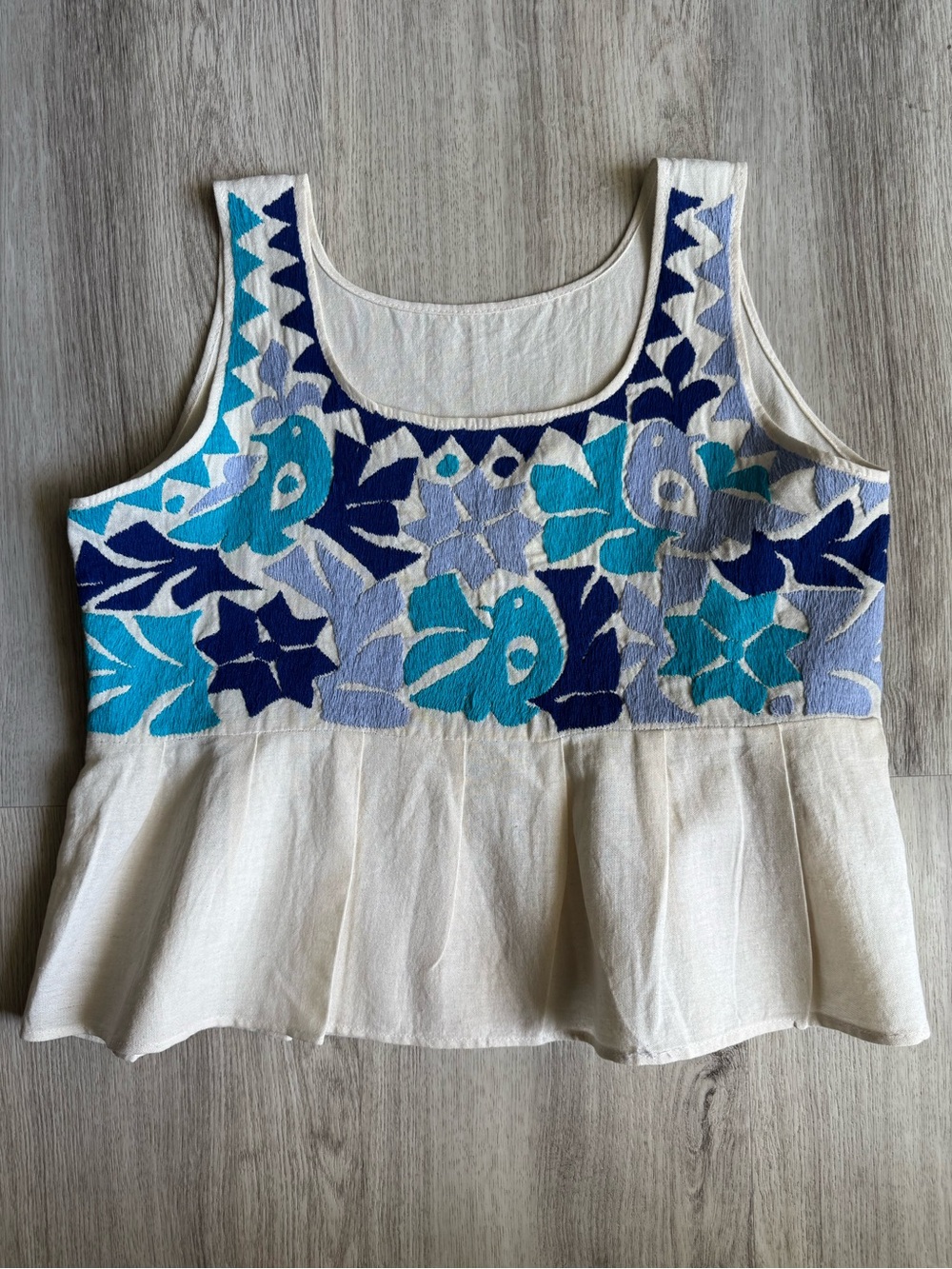 Artisan Traditional Mexican Embroidered Cream Purple & Teal Boho Tank Top Medium